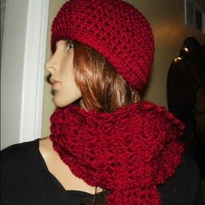 Dark Red Hat and Scarf Set Unique One of a Kind Nice Stitch Hand Crochet